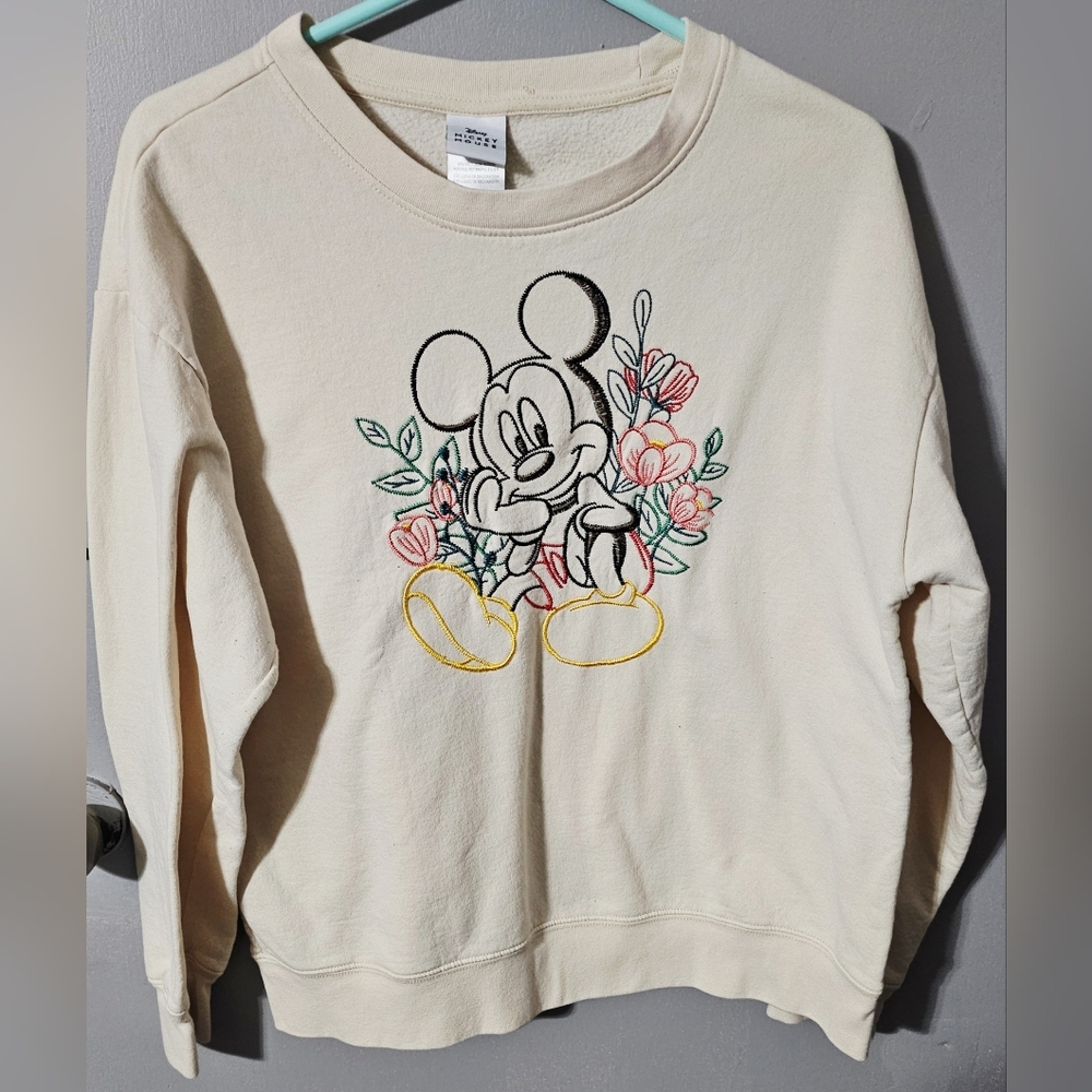 Womens Disney Mickey Mouse Fleece Sweatshirt Cream w/ embroidered Mickey Size XL
